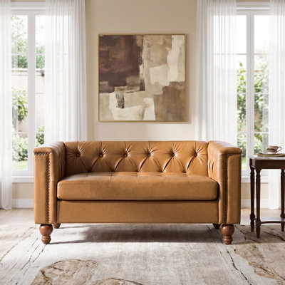  Anselmo 58.75"W Traditional Chesterfield PU Sofa With Tufted Back , Bun Feet