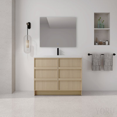 Meuble-lavabo autoportant de 42 po avec lavabo en résine et 2 portes d'armoire à fermeture en douceur, contreplaqué, chêne Dune