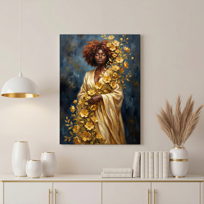 Fleurs dorées et femme élégante, reproduction d'art sur toile tendue, H 30 po x l 20 po