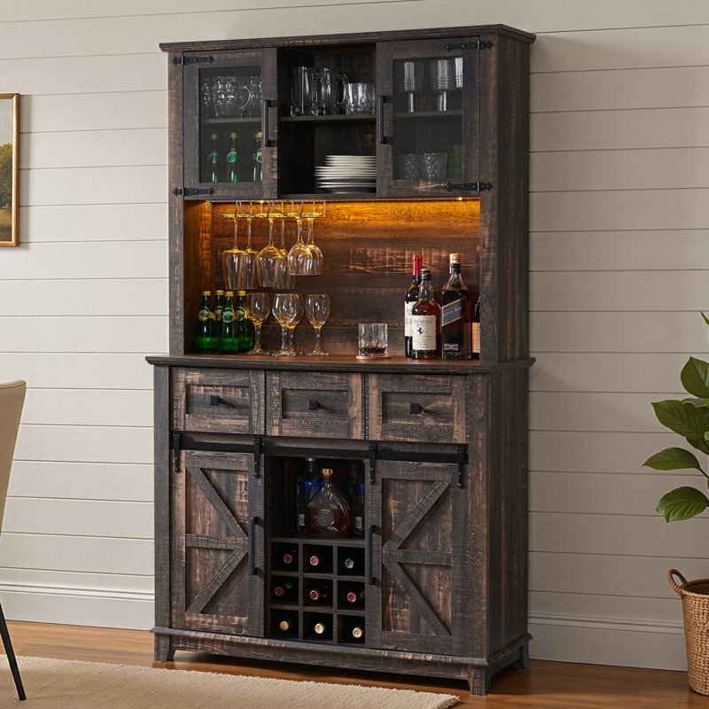 Marlborough 72'' W Farmhouse Bar Cabinet with LED lights and Sliding Barn Doors,Oak, Dark Rustic Oak