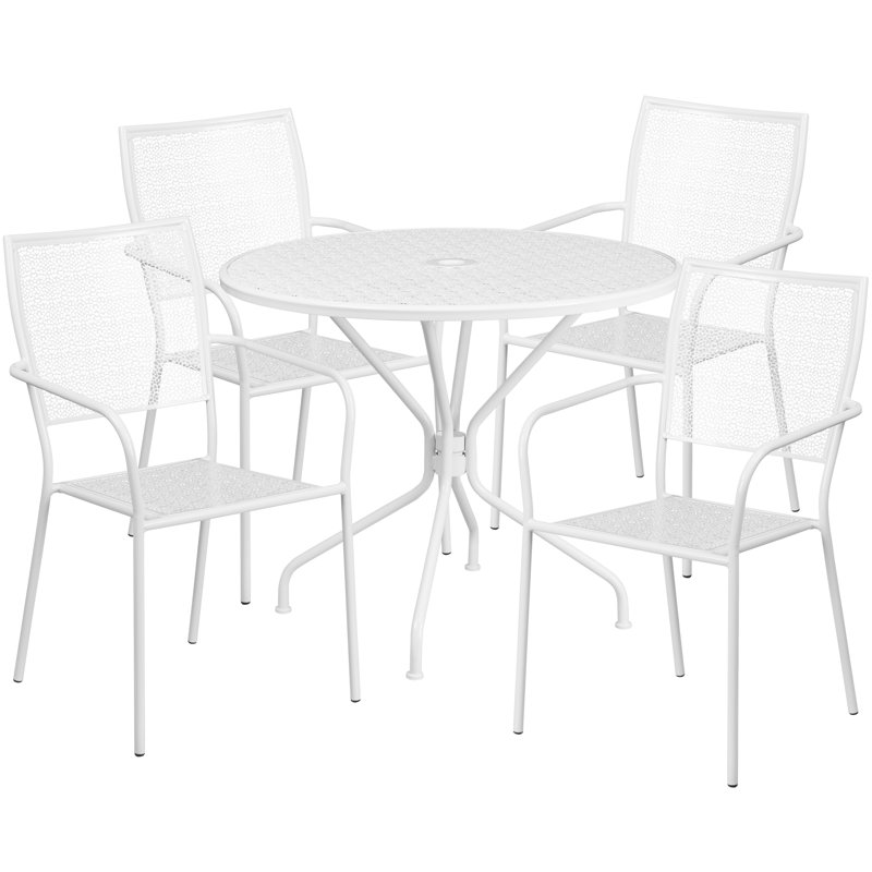 Amaaya 35.25'' Round Indoor-Outdoor Steel Patio Table Set with Square Back Chairs, White, 5 Pieces: Table, 4 Chairs