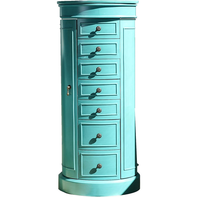 Turquoise Wood Free Standing Jewelry Armoire with Mirror