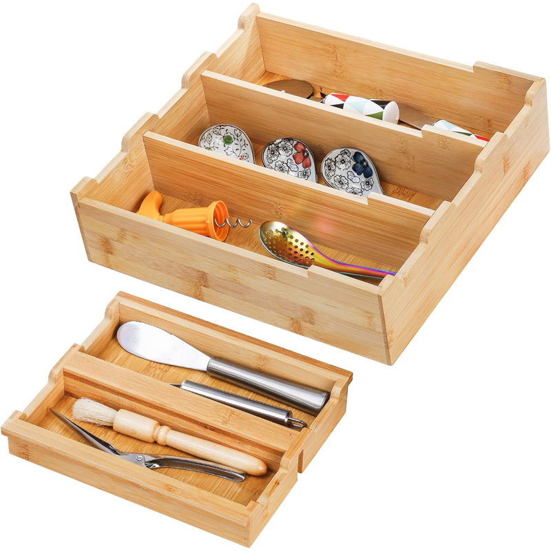 Bamboo Kitchen Drawer Storage Rack, Stackable Double-Layer Tableware Drawer Storage Tray, Silverware Tableware Storage Rack, Suitable For Kitchen Cabinets, Food Storage Rooms, Drawers, 5 Partition Layers