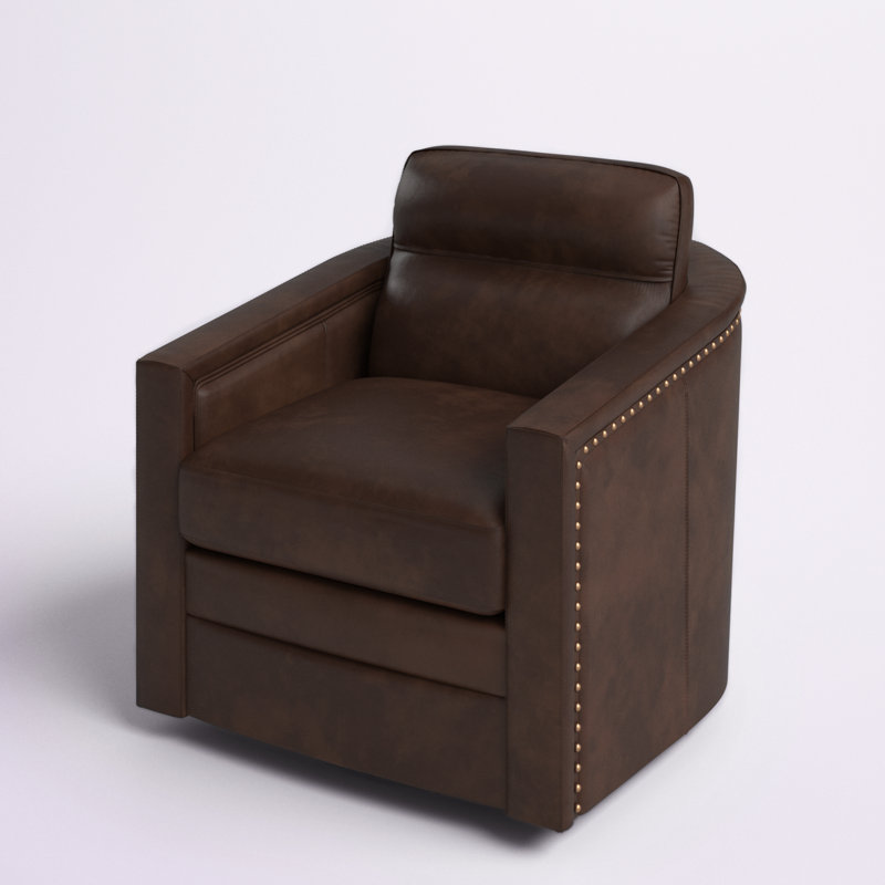 Fauteuil demi-tonneau pivotant en cuir véritable de 28,74 po de largeur avec garniture cloutée Alfonso