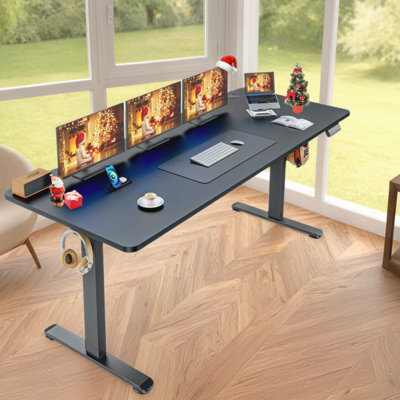 Olivia 70.87" Electric Height Adjustable Standing Desk With 4 Lockable Casters, 2 Hooks, Big Mouse Pad