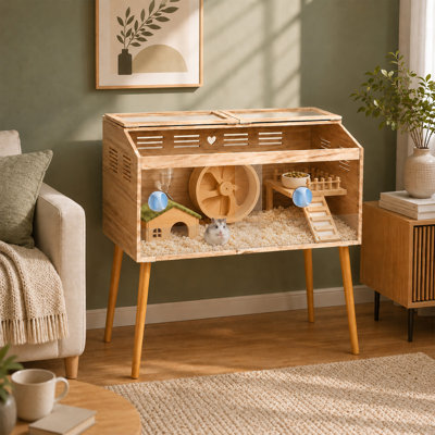 Wooden Hamster Cage for Hamster Guinea Pig, 32in Large Hamster Cages and Habitats with Multi Vents, Chew Proof Hamster House with Legs, 32" L x 16" W x 35" H