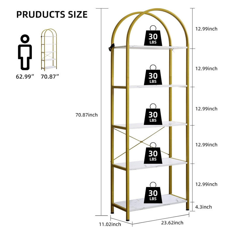 60cm W Metal Standard Bookcase, White, (5 Shelves) 180cm H x 60cm W x 30cm D