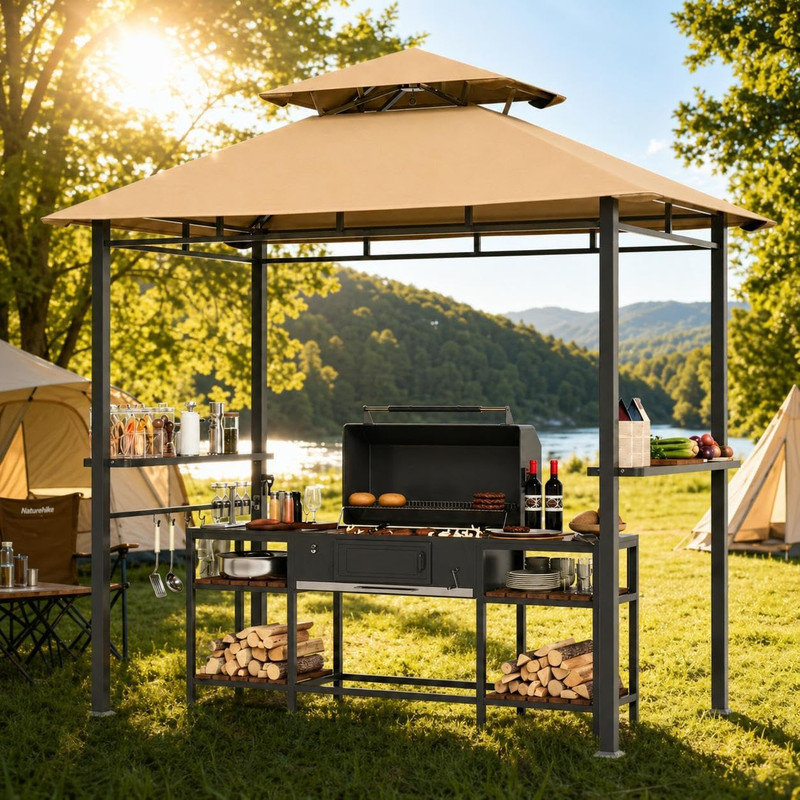 Pavillon de jardin de barbecue 8 pi x 5 pi avec double toit - tablettes latérales et crochets à outils, résistant aux intempéries pour la cour arrière