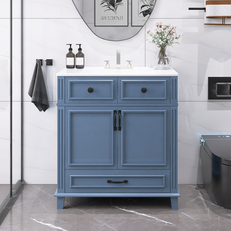 30 po Meuble-lavabo autoportant simple avec lavabo en céramique, Bleu / Noir