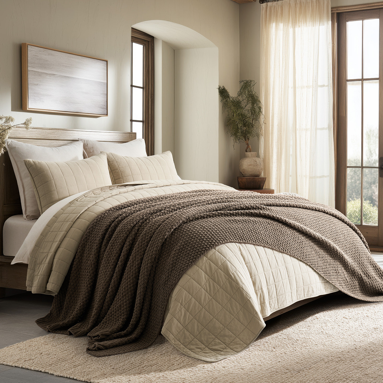 Chunky Chenille Knit Throw Blanket, 90" L x 90" W, Camel Brown