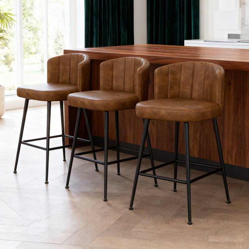 27.2" Upholstered Bar & Counter Stool with Back, 360° Swivel Faux Leather Stools, Vintage Brown, Brown/Faux Leather