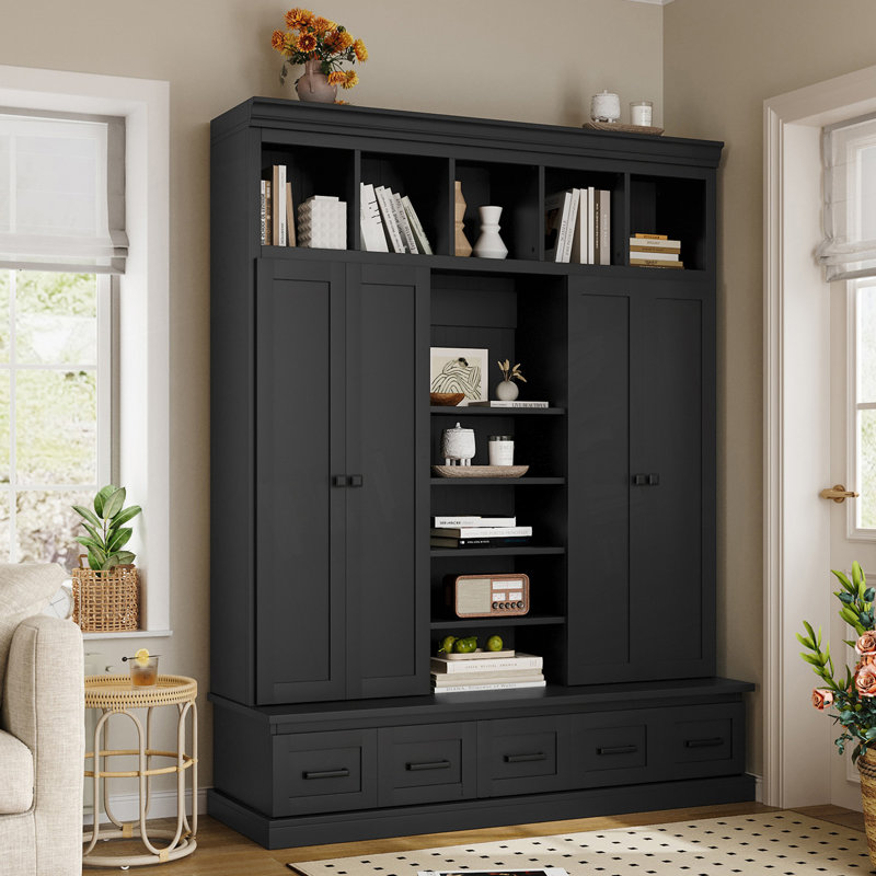 Hall Tree With Bench And 5 Storage Cubbies, Modern Entryway Storage Organizer Cabinet With 4 Doors, Black