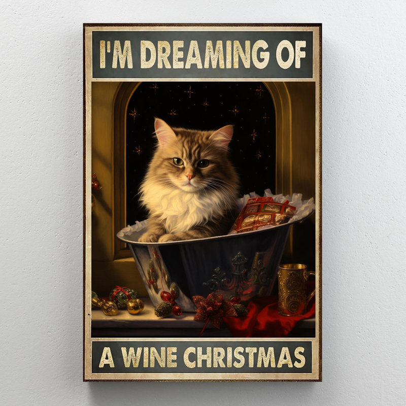 Chat avec un vin de Noël, H 20 po x l 16 po