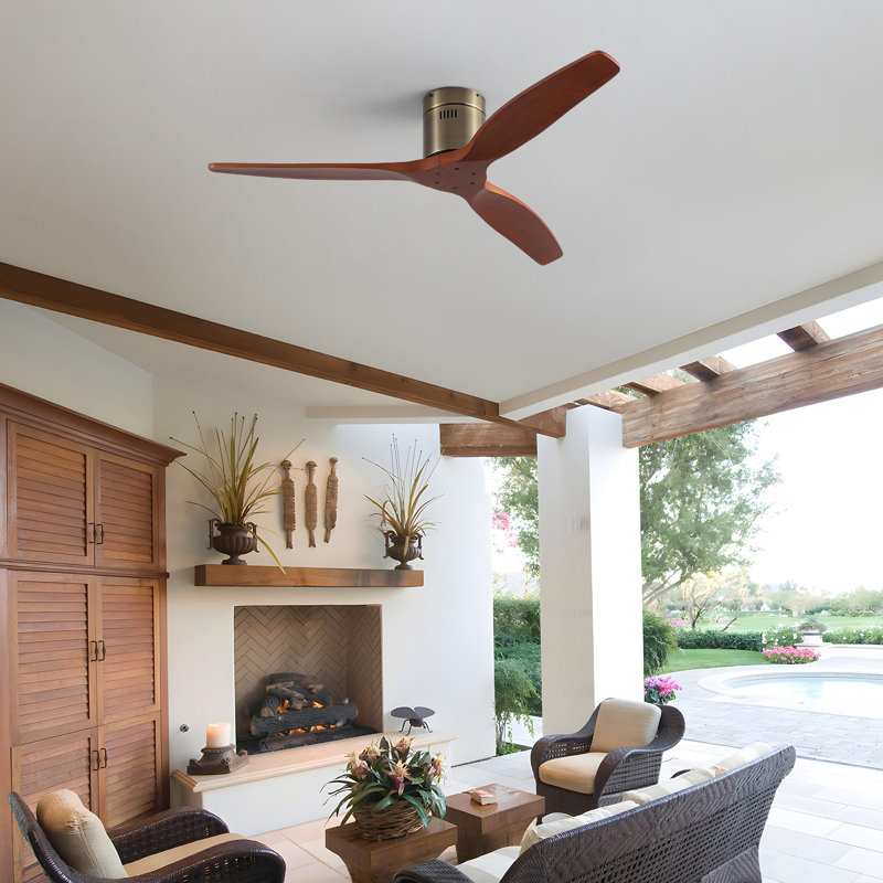 52" 3-Blades Flush Mount Wood Ceiling Fan without Light, Bronze, Brown