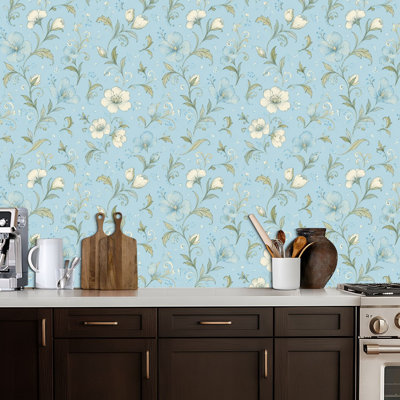 Peel and Stick Wallpaper Seamless Floral Blue White Flowers Light Blue Contact Paper Removable Self Adhesive Wall Mural Wall Decor for Bedroom Kitchen Cabinets 17.7in x 118in