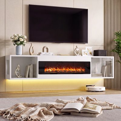 Meuble télé 70 po avec foyer décoratif de 36 po (sans chaleur), centre de divertissement mural avec 2 armoires de rangement en verre, pour téléviseur de 80 po ou moins, console média pour le salon