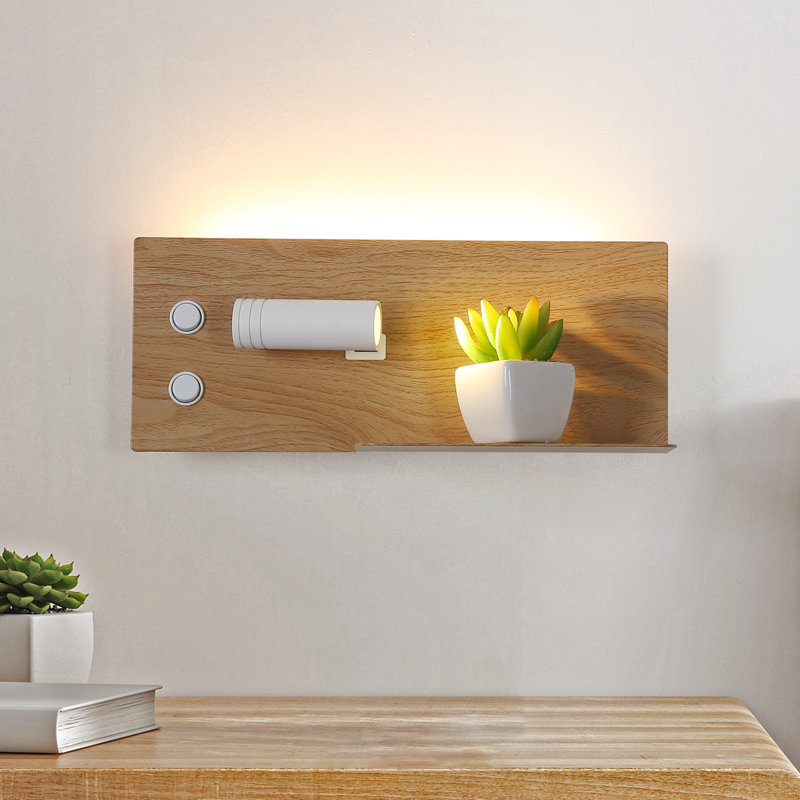 Modern Wood Led Plug In Wall Sconce With Shelf Mount Reading Lamp For Bedroom