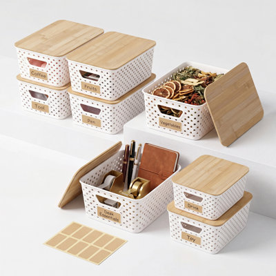 6 Pack White Plastic Storage Bins with Bamboo Lids & Label Stickers, Ventilated Organizer Baskets for Kitchen Pantry Closet