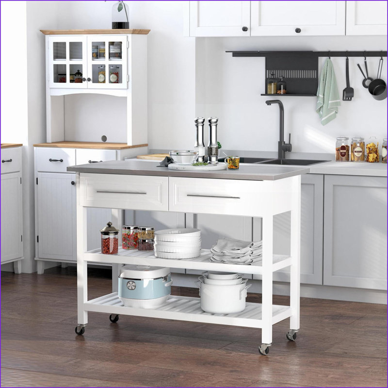 Îlot de cuisine avec plateau en acier inoxydable, rangement et amp; Tiroirs, gris ardoise rustique | Blanc | Pin, Blanc