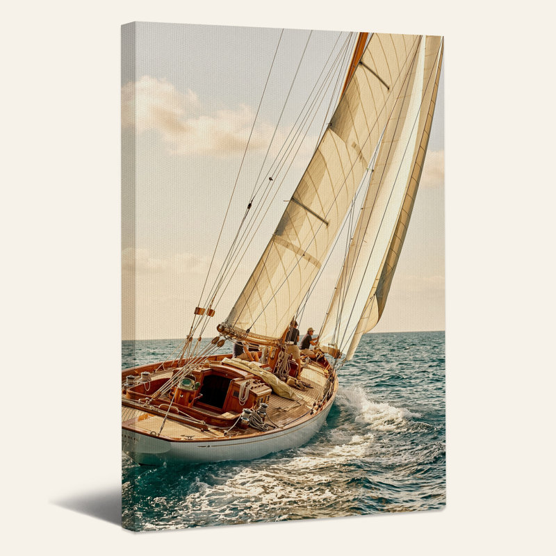 Voilier en bois à voiles blanches sur eau bleue - Tableau sur toile, H 24 po x l 18 po