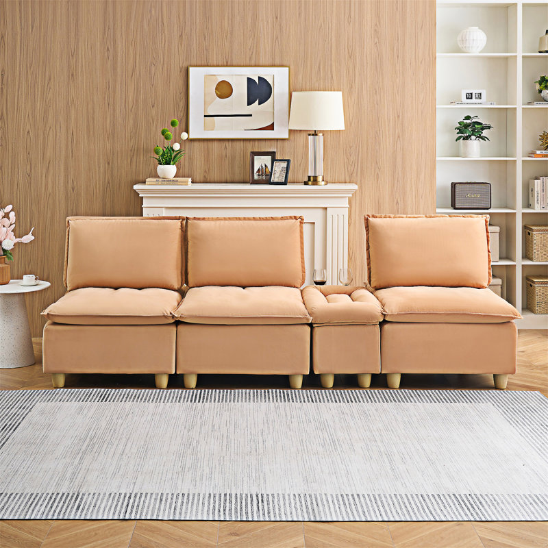 Canapé minimaliste rembourré avec compartiment de rangement et porte-gobelets, Marron clair