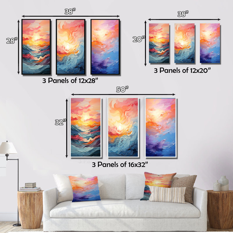 «Bold Pastel Sunset», 3 pièces sur toile, Cadre blanc, H 40 po x l 60 po
