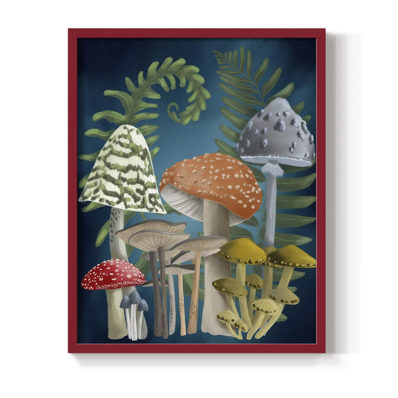 Récolte de champignons I, reproduction encadrée - bois massif, H 30 po x l 24 po, Rouge