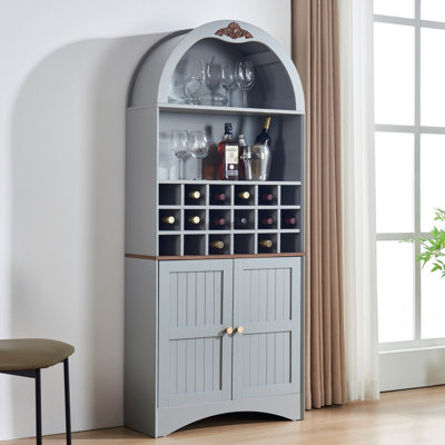 Anti-Tip Arched Wine Storage Cabinet, Removable Wine Rack, Adjustable Shelves, Anti-Scratch MDF Freestanding Liquor Bookcase for Home Bar Dining Living Room, Blue Gray
