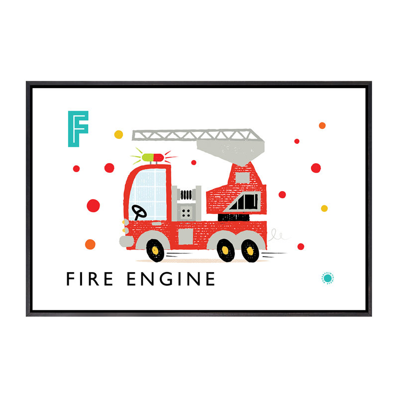 F Is for Fire Engine - impression d'art graphique, Toile avec cadre noir patiné, H 40 po x l 60 po x 1,5 po, Pas de tapis