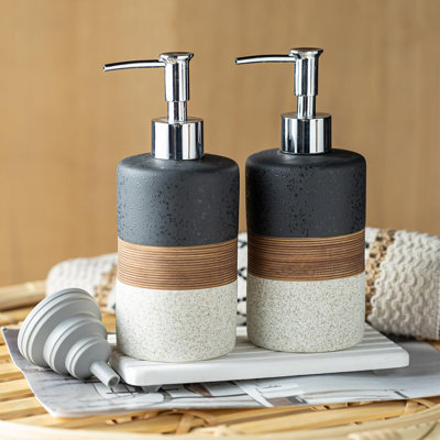 Ensemble de distributeur de savon en céramique (paquet de 2) - Distributeur de savon pour les mains, savon à vaisselle, shampooing et douche pour salle de bain et cuisine, pompe en acier inoxydable, comprend entonnoir en silicone et plateau à diatomée