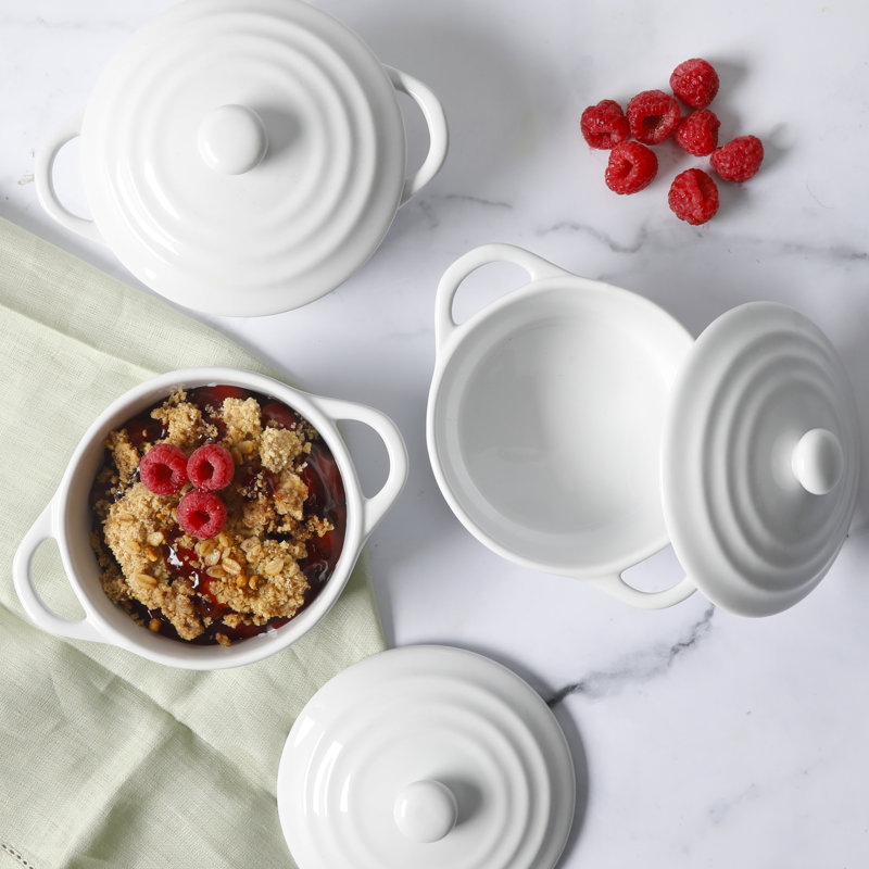 Martha Stewart Stoneware Oval Mini Casserole Set with Lids, 6.38" x 4.5", White