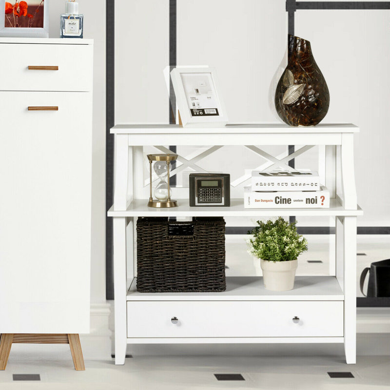 Console Solana à 3 niveaux avec grand tiroir et tablettes de rangement, Blanc