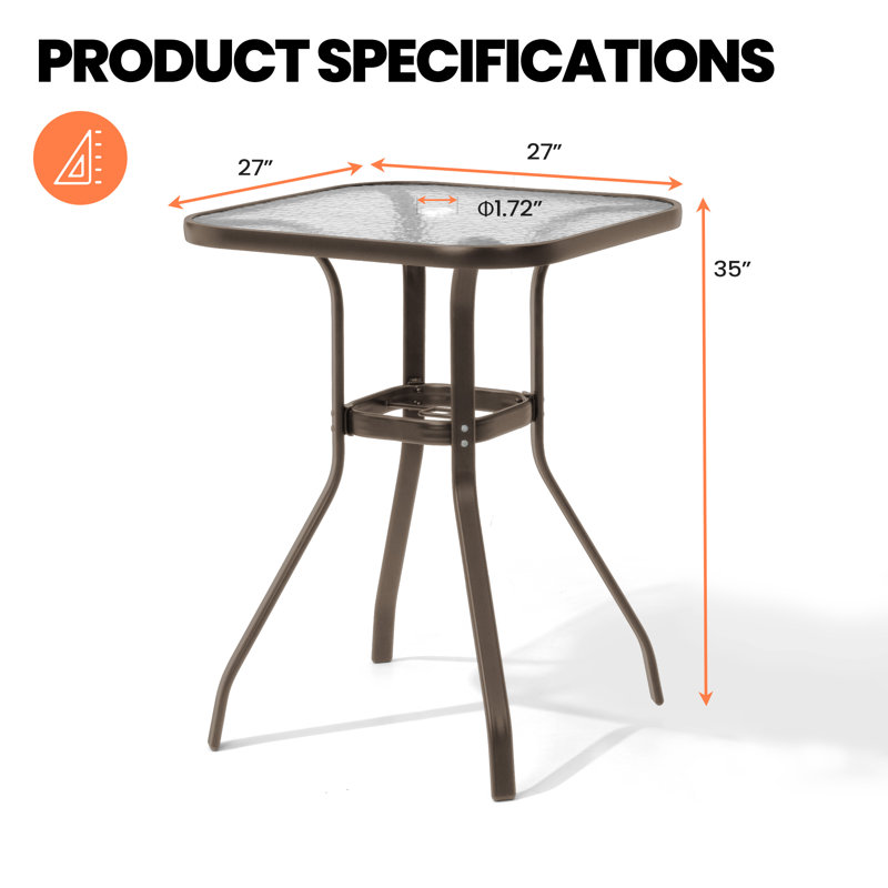 Patio Bar Table Outdoor High Dining Bistro Table Tempered Glass Top With Umbrella Hole, Aluminum Frame Outside Banquet Furniture For Garden Pool Deck Lawn