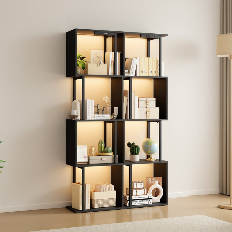 Steel Geometric Bookcase with Lighting and Touch Slider Control, Black