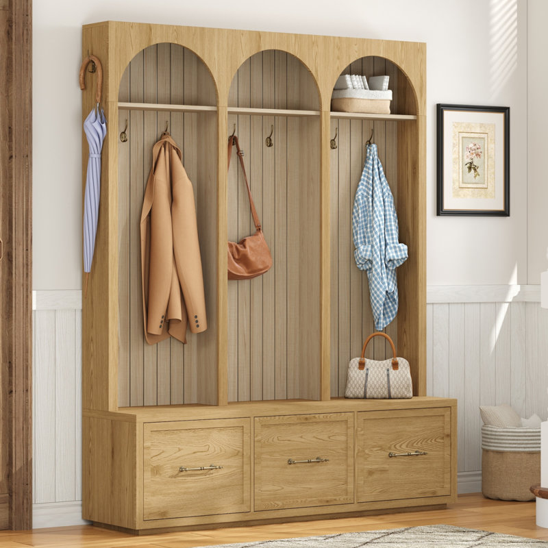 Hall Tree 59.02" Wide With Bench And Storage, Natural