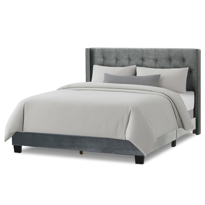 Holliston Upholstered Wingback Bed, Silver Velvet, Queen