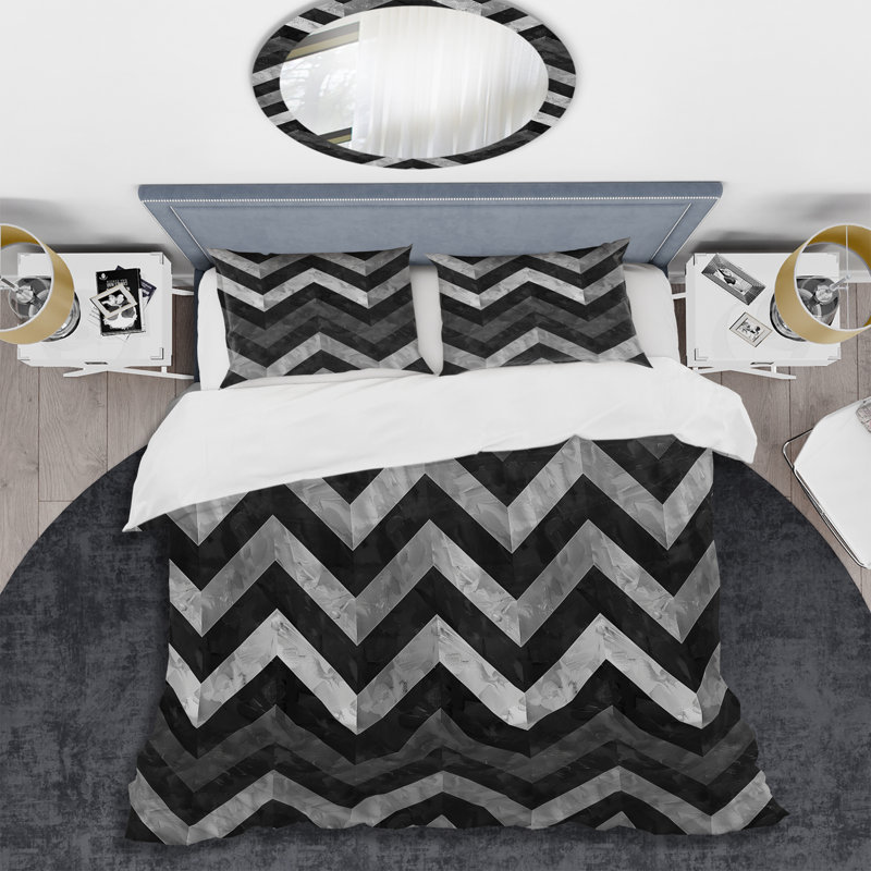 Ensemble de housse de couette moderne à motif de chevrons noir et gris II, Housse de couette simple et deux taies décorative