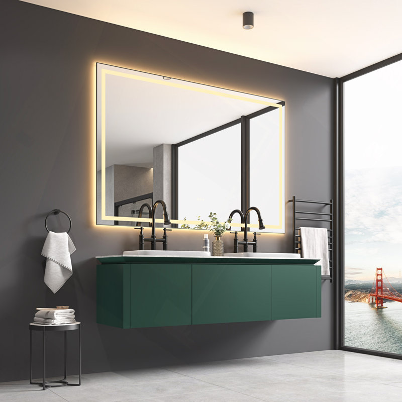 Miroir de salle de bain à DEL 84 x 48 po avec façade et rétroéclairage, miroir de meuble-lavabo mural avec cadre en aluminium, antibuée, mémoire, 3 couleurs, gradation continue