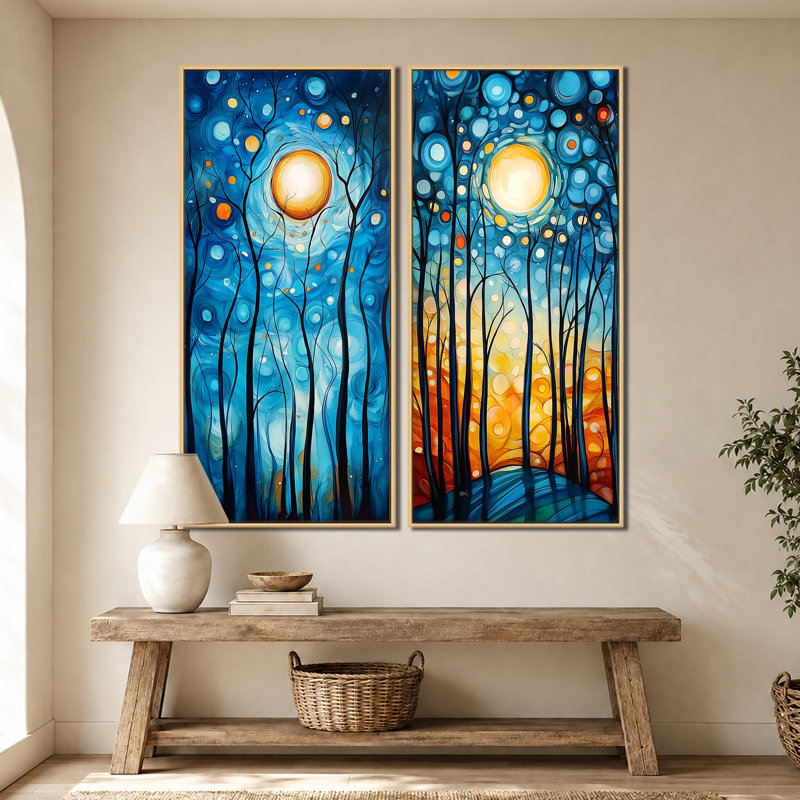 Promenade estivale au clair de lune en forêt I - Impression sur toile en 2 parties, 60" H x 56" W, Natural Floater Framed