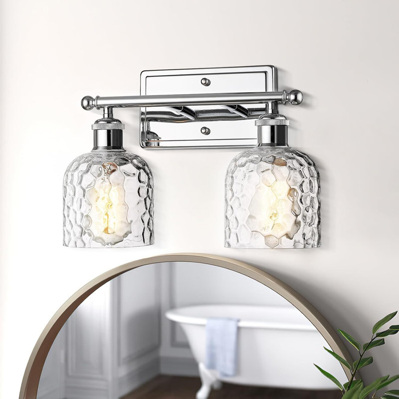 Chrome 2-Light Bathroom Vanity Fixture with Clear Hammered Glass Shades