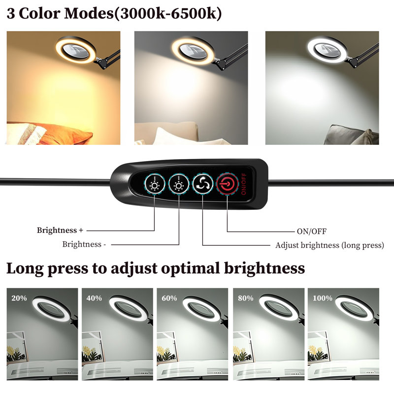 Led Magnifying Lamp With Clamp, 3 Color Modes And 10 Brightness Levels, Black