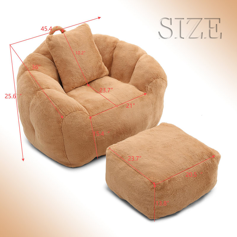 Oversized Bean Bag Chair with Footstool,Shell-Inspired Lounge Seat for Bedroom, Dorm, or Gaming, Khaki Faux Fur