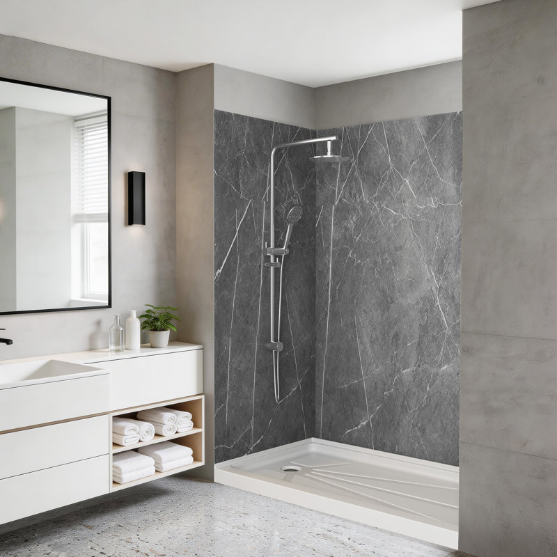 3-Piece Glue Up Shower Wall Panel Surround Kit, Quick Install, Trimmable & Waterproof, Marble Gray, 80" H x 60" W x 36" D