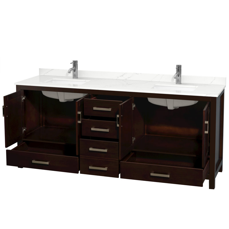 Sheffield 80" Freestanding Double Bathroom Vanity with Quartz Top, Brown, Giotto Quartz