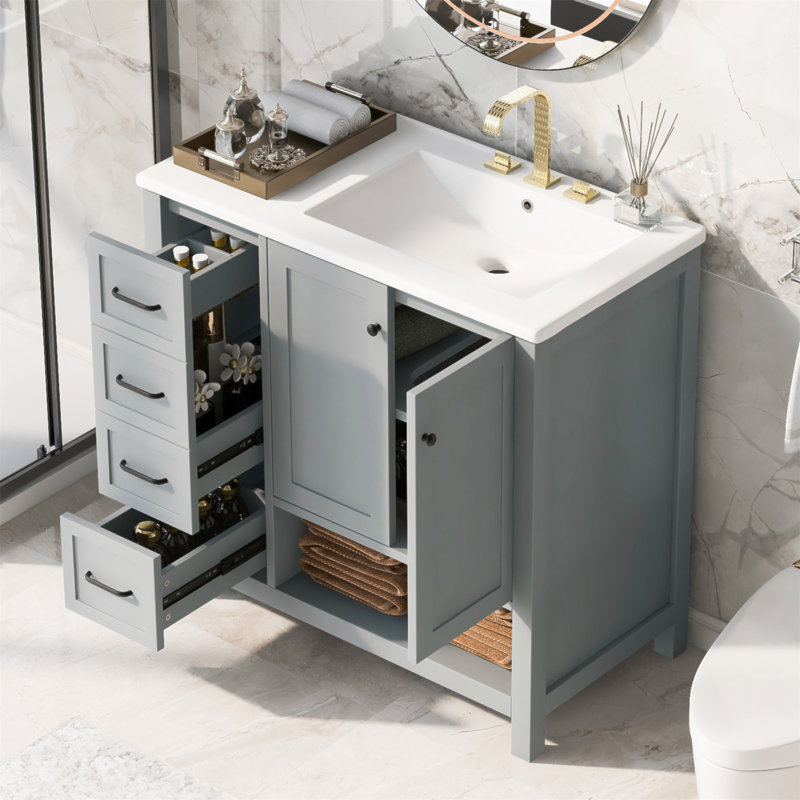 Meuble-lavabo de 36 po avec lavabo, fabrication en bois massif et panneau de fibres à densité moyenne, deux portes, deux tiroirs, une tablette ouverte, durable et élégante