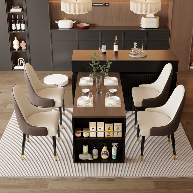 64.3"-114" Extendable Kitchen Island With Wood Top, Wine Bar, 3 Storage Cabinets And Drawers For Home Bar or Open-Concept Kitchens