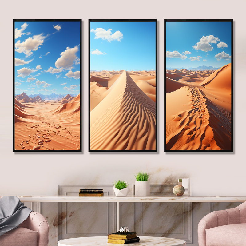 «Desert Dunes», ensemble de 3 reproductions d'art sur toile, H 28 po x l 36 po, Cadre flottant noir