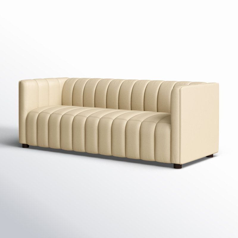 Anorea 83'' Genuine Leather Channel Tufted Sofa, Beige Pebbled Genuine Leather