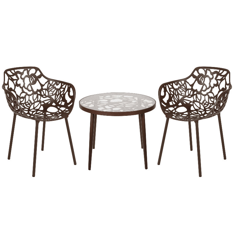 Holleman Mid-Century Modern 3-Piece Aluminum Outdoor Patio Set with Tempered Glass Top Table and 2 Stackable Flower Design Chairs for Patio, Poolside, Balcony, and Backyard Garden
