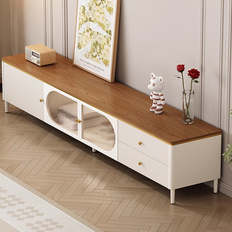 Meuble télé moderne et minimaliste en bois massif, Brun / Blanc, H 17,71 po x L 86,61 po x l 15,74 po